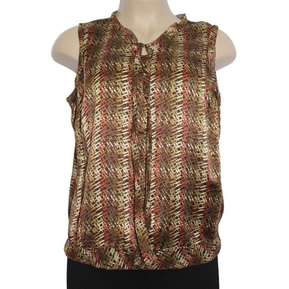 KATE HILL Sleeveless‎ Silk Top 18W Earthy Multicolor Print Sheer Zip Split Neck - Picture 1 of 15